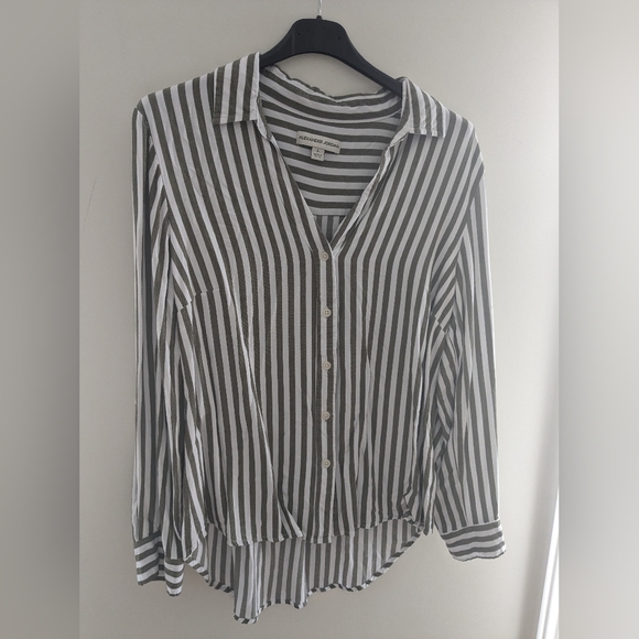 Striped Button Down Shirt by Jordan Alexander White with Green Stripes Size L - Picture 4 of 5